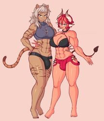 2futas abs big_breasts blue_eyes breasts bulge cleavage cuchuflin dickgirl futa_only futanari horns intersex large_breasts looking_at_viewer muscles muscular muscular_futanari panties tail zertia_amurova