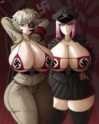 2girls armband artist_name bikini breasts erika_(blossom_hope) female female_only flag_print hime_cut huge_breasts large_breasts long_hair looking_at_viewer military_uniform nazi peaked_cap pink_hair sakura_kawakami short_hair stockings swastika thick_thighs tight_clothing uniform visor white_hair woomler