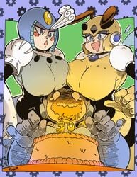 2girls blue_eyes blush breasts cake capcom clothed drooling female gloves helmet honey_woman huge_breasts makeup male mega_man mega_man(classic) mega_man_(character) smile splash_woman vesper_woman