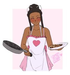 1girls african african_female apron ayana_(mermaid_kunoichi) bacon black_girl black_hair black_hair_female blush breakfast burnt_food cooking dreadlocks dress eggs female food frying_pan original_character plate pochoclogigi smile smiling smiling_at_viewer younger_female