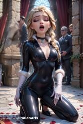 1girls ai_generated artist_name black_bodysuit black_choker blonde_hair bodysuit braid breasts choker cleavage closed_eyes collarbone covered_navel disney disney_princess elsa_(frozen) eyeshadow frozen frozen_(film) frozen_2 full-length_zipper fur_trim gloves gumroad_username hair_over_shoulder hi_res high_heels kneeling latex lips lipstick long_hair makeup medium_breasts multiple_boys nose open_mouth patreon_username petals progenarts red_lips shiny_clothes single_braid skin_tight solo_focus unzipped watermark web_address white_gloves zipper