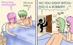 1boy 2girls bed bedroom big_breasts breasts condom dialogue female funny georgie_(polisilver) green_hair male meme oc original original_character pink_hair plinky polisilver robbery shitpost shocked silvertina story suprised text