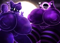 2025 5_fingers andromeda_(ga1ax1an) anthro areola big_breasts big_nipples biped black_hole blush blush_lines breasts celestial_being clothed clothing cosmic_background digital_drawing_(artwork) digital_media_(artwork) domestic_cat duo eyewear facial_tuft felid feline felis female fingers footwear for_a_head front_view fur genitals gesture goggles hair hand_gesture heart_symbol hi_res hornyicakes huge_breasts huge_nipples huge_thighs humanoid legwear mammal monotone_body mostly_nude mostly_nude_female nipple_dip nipples nude nude_female object_head purple_body purple_ears purple_hair purple_tail socks star tail thick_thighs thigh_highs tuft v_sign vulva