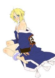 1girls adaman_(pokemon) barefoot blonde_hair blue_eyes borrowed_clothes breasts coat covering_breasts female irida_(pokemon) jiro_(nrnn7532) naked_coat nintendo parted_lips pokemon pokemon_legends:_arceus small_breasts solo wariza