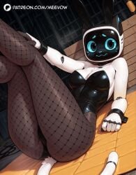 1girls ai_generated android animal_ears black_leotard blue_eyes breasts cat_ears cat_tail catgirl fake_animal_ears fishnet_pantyhose fishnets furry furry_female joints leotard looking_at_viewer lying medium_breasts meevow on_back pantyhose patreon_logo patreon_username playboy_bunny rabbit_ears robot robot_joints solo strapless strapless_leotard tail white_skin wrist_cuffs