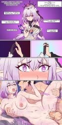 1boy 1boy1girl 2koma anime_one_night_stands bed bedroom blush butterfly castorice_(honkai:_star_rail) comic dialogue dialogue_box dywtba-alt-universe female gripping_sheets groping groping_from_behind hand_holding honkai:_star_rail honkai_(series) juto_arigato leg_lift leg_up nervous pink_hair pointy_ears purple_eyes saliva_string saliva_trail shy side_sex soaked_sheets sweating tongue_kiss vaginal_penetration vaginal_sex