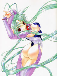 alien_girl aqua_hair ass breasts butt_exposed clothing collar dears fully_clothed long_hair looking_at_viewer looking_back nipple_outline nipples_visible_through_clothing red_eyes ren_(dears) skimpy_clothes