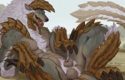 2025 animal_genitalia animal_penis balls biped blue_eyes canine_genitalia canine_penis capcom claws crotch_tuft digital_media_(artwork) fanged_wyvern feral fur genitals green_body green_scales horn lying male monster_hunter multicolored_body muscular on_back penis penis_tip presenting_belly red_penis scales sheath tan_body toe_claws tongue tongue_out tuft white_body white_fur yellow_body yellow_scales zephyxus zinogre