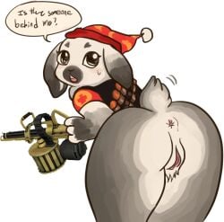 alpha_channel anthro anus ass big_butt blush bodily_fluids bottomless brown_eyes buckteeth clothed clothing dewlap_(anatomy) digital_media_(artwork) english_text eyelashes female floppy_ears fur genitals gun hat headgear headwear heavy_(team_fortress_2) hi_res lagomorph leporid lop_ears machine_gun mammal no_underwear open_mouth paws png_file pussy rabbit ranged_weapon rear_view red_clothing red_hat red_headwear short_tail simple_background sizzlingmeats sleepwear solo speech_bubble sweat sweatdrop tail team_fortress_2 teeth text transparent_background valve vulva weapon white_body white_fur white_sclera