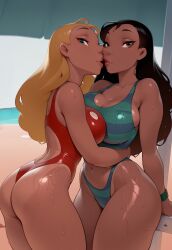 2girls ai_generated ass beach beach_umbrella bikini black_hair blonde_hair blue_eyes breast_press brown_eyes caucasian cleavage dark-skinned_female dark_skin disney embrace embracing erslait eyelashes hawaiian highleg_swimsuit imminent_kiss large_breasts lifeguard_(lilo_and_stitch) light-skinned_female light_skin light_smile lilo_and_stitch lips long_hair nani_pelekai narrow_waist navel one-piece_swimsuit outdoors skintight swimsuit thong_swimsuit tight_clothing wet_skin wide_hips wristwatch yuri