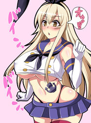 1girls aged_up alternate_breast_size bare_shoulders black_panties blonde_hair breasts brown_eyes curvy elbow_gloves erect_nipples gloves hair_ornament highleg highleg_panties huge_breasts kantai_collection long_hair midriff miniskirt navel nishida_megane panties shimakaze_(kantai_collection) simple_background skirt thighhighs underboob underwear white_gloves wide_hips