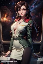 1girls ai_generated belt black_pantyhose breasts brown_eyes brown_hair cleavage closed_mouth cowboy_shot dress earrings gundam gundam_seed gundam_seed_destiny gundam_seed_freedom hi_res hoop_earrings jewelry lips long_hair long_sleeves looking_at_viewer medium_breasts military military_uniform mobile_suit_gundam murrue_ramius nail_polish necklace pantyhose patreon_username planet progenarts red_nails solo space star_(sky) uniform web_address