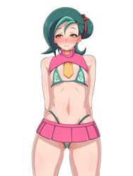 1girls bikini blush female flat_chest green_bikini green_hair hair_ornament kotori_mizuki looking_at_viewer miniskirt pink_skirt skirt smile tori_meadows voluptuous white_background yellow_eyes yu-gi-oh! yu-gi-oh!_zexal