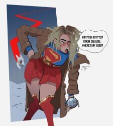 1dog 1girls belt bent_over big_breasts blonde_hair blue_eyes blue_shirt blush breasts canine crossed_legs dc_comics dcu drunk drunk_blush drunk_bubble drunk_female fair-skinned_female fair_skin fanart fanart_from_twitter female flying hand_on_hip holding_drink holding_object hunched_over kara_danvers kara_zor-el krypto krypto_the_superdog kryptonian logo_on_clothes logo_on_topwear messy_hair open_mouth possible_bestiality possible_sex possible_zoophilia red_boots red_skirt skirt slurred_speech snow speech_bubble squint squinted_eyes stumble stumbling supergirl superhero superhero_costume superheroine superman_(2025) superman_(series) thick_thighs thighs trenchcoat white_background white_fur wide_hips