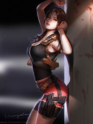 against_wall alternative_hairstyle bangs belt bike_shorts blood blood_on_face blue_eyes breasts brown_hair claire_redfield cleavage combat_knife denim female female_only firearm gun hair_between_eyes hair_down handgun highres holster holstered_weapon knife large_breasts liang_xing lips long_hair looking_at_viewer medium_hair nose pistol ponytail resident_evil resident_evil_2 shorts solo spats spats_under_shorts tank_top tied_hair watermark weapon