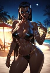 1girls ai_generated big_breasts bikini bitch black_hair black_lips black_lipstick black_mascara blue_eyes breasts choker curvy curvy_figure dark-skinned_female dominant dominant_female earrings eyelashes eyeshadow female fit fit_female goth goth_girl gothic jamila_(xandr) large_breasts long_hair makeup mature_female milf queen sexy straight_hair taller_girl tatoos tattoo thick_ass thick_thighs very_dark-skinned_female very_long_hair xandr