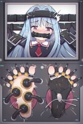 ball_gag bangs blue_hair blush bondage bondage bound bound_wrists eyebrows_visible_through_hair female gag gagged gloves long_hair looking_at_viewer necktie red_eyes restrained saliva sex_toy solo stationary_restraints tears tentacle
