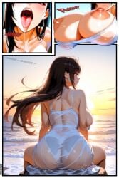 1girls ai_generated ass ass_focus back_view bare_arms bare_back bare_breasts bare_chest bare_legs bare_shoulders bare_thighs beach blush breast_focus breasts_out bubble_ass bubble_butt closeup_view comic comic_page drooling_tongue earrings female_focus female_only final_fantasy fit fit_female huge_breasts long_hair mouth_shot nude_female onomatopoeia perky_nipples presenting_breasts salivasaliva_string sheer_clothing sitting solo sunset teeth throat tifa_lockhart tongue tongue_out wet_clothes