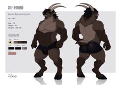 anthro apple-faced artist_name belly big_belly biped black_bottomwear black_clothing black_hair bottomwear bovid brown_body brown_fur bulge bulge_from_behind caprine clothed clothing cloven_hooves detailed_bulge ear_piercing ear_ring front_view fur goat grey_background hair hi_res hooves horn ibex kyle_hettfield male male_anthro mammal messy_hair model_sheet mouth_closed muscular muscular_anthro muscular_male overweight overweight_anthro overweight_male pecs piercing rear_view ring_piercing simple_background solo standing tan_horn text topless unguligrade yellow_eyes