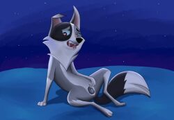 creature full_body moon night night_sky no_humans open_mouth outdoors pokemon_(creature) red_eyes shadow shooting_star sitting sky solo star_(sky) starry_sky tail