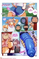 ambiguous_species anthro anthro_focus ass balls balls_outline barn big_butt big_penis blue_penis bottomwear bovid bovine bulge cattle clothing cock_belt comic denim denim_bottomwear denim_clothing denim_shorts detailed_bulge dialogue english_text erection exclamation_point femboy fingerless_(marking) foreskin genital_outline genitals green_eyes grey_horn group hair hi_res holding_penis horn huge_cock ice_cream_(tokifuji) male male_focus mammal medial_ring motion_lines outside penis pink_hair question_mark running shirt shorts solo_focus speech_bubble tank_top text tokifuji topwear uncircumcised vein veiny_penis white_clothing white_shirt white_tank_top white_topwear