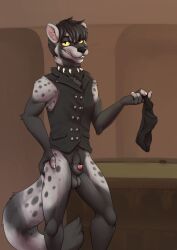 1boy animal_ears balls black_hair black_nails black_sclera black_shirt claws dog_tail erection fangs fingernails furry holding holding_clothes leopard_print looking_at_viewer male male_focus male_only nail_polish open_mouth panties penis sharp_fingernails sharp_teeth shirt smile solo standing tail teeth testicles tongue uncensored underwear vest white_shirt yellow_eyes