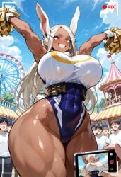 1girls abs ai_generated athletic_female big_breasts big_thighs boku_no_hero_academia breasts brown_skin brown_skinned_female bunny_ears bunny_girl camera camera_pov curvaceous curvy_female female female_focus holding_object hourglass_figure krownedkueens large_breasts miruko muscular muscular_arms muscular_female my_hero_academia people_in_background pom_poms public recording red_eyes rumi_usagiyama standing thick thick_thighs thunder_thighs voluptuous voluptuous_female white_hair wide_hips