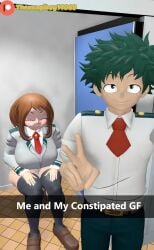 (theusagiboy1406) 1boy 1girls 3d 3d_(artwork) 3d_model 3d_render bare_ass bathroom boku_no_hero_academia bottomless brown_hair canon_couple closed_eyes constipation green_hair implied_scat izuku_midoriya izuocha midoriya_izuku my_hero_academia ochako_uraraka patreon_logo scat selfie sfm short_hair source_filmmaker text text_box toilet toilet_use uniform uraraka_ochako