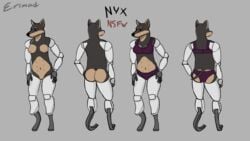 16:9 amputee anthro bra breasts canid canine canis clothing cybernetics cyborg dobermann domestic_dog erimad female furry hi_res machine mammal model_sheet multi_nipple nipples nude pinscher presenting prosthetic_limb quadruple_amputee solo text underwear