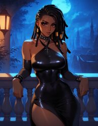 1girls african_female ai_generated amara_(xandr) black_dress black_hair brown_eyes curly_hair curvy curvy_figure dark-skinned_female dark_hair dress eyelashes eyeshadow female goth goth_girl long_hair naughty_face sexy slutty_face smile wavy_hair xandr