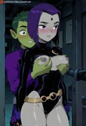ai_generated big_ass big_breasts blush blush bodysuit breast_grab breast_squeeze breasts breasts_out detailed_background female grabbing male/female medium_breasts muscular_legs nipple_slip nipples puffy_nipples purple_eyes purple_hair raven_(dc) short_hair shy solo spread_legs squeeshyai teen teen_titans teenager