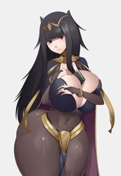 1girls ass between_breasts black_hair bluespice blunt_bangs bodystocking bodysuit book breasts bridal_gauntlets cleavage covered_navel fingernails fire_emblem fire_emblem_awakening goth green_eyes hair_ornament huge_ass huge_breasts long_hair looking_at_viewer simple_background skin_tight tharja_(fire_emblem) thick thick_thighs thighs tiara wide_hips