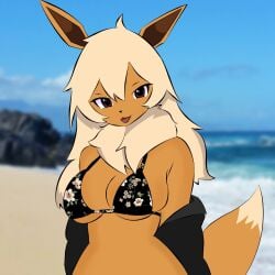 1:1 2025 anthro anthrofied big_breasts bikini breasts brown_body brown_eyes clothed clothing digital_media_(artwork) eevee evaacii fangs female generation_1_pokemon hair half-length_portrait hi_res looking_at_viewer neck_tuft nintendo open_mouth pokemon pokemon_(species) pokemorph portrait smile solo swimwear tail teeth triangle_bikini tuft two-piece_swimsuit