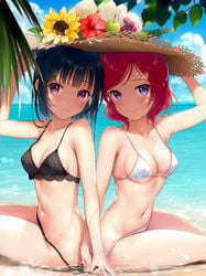 2girls bangs beach bikini bikini_bottom bikini_top black_bikini black_bikini_bottom black_bikini_top black_hair breasts detailed_background eyebrows_visible_through_hair female female_only hat holding_hands love_live! love_live!_school_idol_project love_live!_sunshine!! medium_breasts midriff mignon nishikino_maki purple_eyes red_hair straw_hat tsushima_yoshiko underboob untied_bikini untied_bikini_bottom violet_eyes white_bikini white_bikini_bottom white_bikini_top