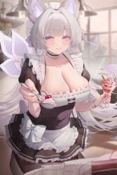 1girls animal_ears big_breasts breasts cleavage female grey_hair indie_virtual_youtuber maid maid_uniform virtual_youtuber zaikiai