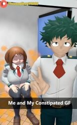 (theusagiboy1406) 1boy 1girls 3d 3d_(artwork) 3d_model 3d_render bare_ass bathroom boku_no_hero_academia bottomless brown_hair canon_couple closed_eyes constipation fart fart_cloud fart_fetish farting farts green_hair implied_scat izuku_midoriya izuocha midoriya_izuku my_hero_academia ochako_uraraka patreon_logo scat selfie sfm short_hair source_filmmaker text text_box toilet toilet_use uniform uraraka_ochako