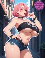 1girls ai_generated big_breasts big_breasts big_breasts black_thong black_topwear black_tube_top bracelet breasts breasts breasts city cityscape collar denim_shorts earrings female female female_focus female_only girl jorgecarlosai licking licking_lollipop lolipop makeup nail_polish outdoors pink_hair public punk punk_girl red_eyes red_nail_polish red_nails sexy short_hair short_shorts spiked_bracelet spiked_collar text thong tube_top tubetop underboob