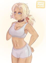 1girls blonde_hair blue_eyes catherine_(fire_emblem) cute_mantis female fire_emblem fire_emblem:_three_houses hair_ribbon nintendo ponytail red_ribbon shorts solo_female sports_bra sweat sweaty tan tan_skin tied_hair white_clothing workout