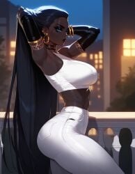 1girls ai_generated bare_shoulders big_breasts bitch black_hair black_lips black_lipstick black_mascara blue_eyes breasts choker curvy curvy_figure dark-skinned_female dominant dominant_female earrings eyelashes eyeshadow female fit fit_female goth goth_girl gothic jamila_(xandr) large_breasts long_hair makeup mature_female milf pants queen sexy straight_hair taller_girl tatoos tattoo thick_ass thick_thighs thight_clothing turtleneck very_dark-skinned_female very_long_hair xandr