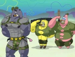 3boys abs anthro arms_behind_back beard belly belt big_belly big_muscles boner bulge cigar clothing echinoderm erection facial_hair fat fat_belly fat_male fish gay green_clothing grey_body grin hat huge_belly huge_muscles hypnosis hypnotic_eyes large_belly large_muscles legwear looking_back looking_back_at_another male male_nipples male_only marine mature mature_anthro mature_male multiple_boys muscles muscular muscular_anthro muscular_male nickelodeon overweight overweight_anthro overweight_male patrick_star pecs pink_body piqueraj sea_sponge sergeant_sam_roderick shark smile soldier spongebob_squarepants spongebob_squarepants_(character) starfish straps straps_across_chest teeth underwater water yellow_body