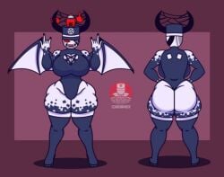 1boy 2girls alternate_costume ass barefoot black_legwear blue_skin breasts cropped_jacket cross cross_necklace curvy demon_girl demon_wings fangs female full_body gloves grey_skin habit halloween hat heart height_difference hood hoodie horns large_breasts long_sleeves male monster_girl multiple_boys multiple_girls nun nurse nurse_cap pigeon-toed plump pose red_background shadow sharp_teeth short_shorts shorts skeleton skirt skull slender_waist standing teeth thick_thighs thighhighs thighs wide_hips wings