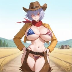 ai_generated american_flag_bikini belt breasts chaps cowboy_hat cowgirl cowgirl_outfit female girls'_frontline huge_breasts jacket kao140522 thompson_(girls'_frontline)