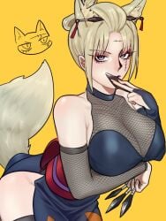 adapted_costume arm_under_breasts big_breasts blonde_hair booozu_0 breasts cleavage detached_sleeves eyeshadow facial_scar female female_only fox_ears fox_girl fox_tail gintama hair_ornament japanese_clothes kimono kitsune kunai kunoichi leaning_forward light-skinned_female light_skin looking_at_viewer makeup pale-skinned_female pale_skin purple_eyes red_eyeshadow scar scar_across_eye side_slit solo tsukuyo updo yellow_background
