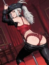 1girls ai_assisted ai_generated background bloodborne bra breasts breasts_out_of_clothes clothed clothed_female clothing female female female_focus female_only fromsoftware girl green_eyes lady_maria_of_the_astral_clocktower lingerie looking_at_viewer panties pants_down pants_pulled_down pole pole_dancing pose posing posing_for_the_viewer red_bra red_lingerie red_panties red_socks red_underwear shirt_up socks tricorne underwear undressing undressing_self video_game_character video_game_franchise video_games white_hair