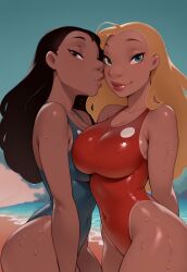 2girls ai_generated beach black_hair blonde_hair blue_eyes brown_eyes caucasian covered_navel dark-skinned_female dark_skin disney erslait eyelashes hawaiian highleg_swimsuit imminent_kiss large_breasts lifeguard_(lilo_and_stitch) light-skinned_female light_skin lilo_and_stitch lips long_hair looking_at_viewer nani_pelekai one-piece_swimsuit outdoors skintight smile swimsuit tight_clothing wet_skin yuri