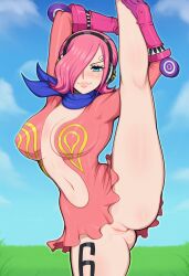 1girls ai_generated ass ass_visible_through_thighs big_ass big_breasts big_thighs blue_eyes blush blush_lines blushing_at_viewer breasts exhibitionism exhibitionist female fit fit_female hard_nipples huge_ass huge_breasts huge_thighs leg_grab leg_lift leg_up lips lipstick looking_at_viewer looking_pleasured navel nipple_bulge nipples nipples_visible_through_clothing no_bra no_panties no_underwear nopan one_piece pink_hair public public_exposure smile smiling smiling_at_viewer solo solo_female solo_focus stretching superheroine tattoo tattoo_on_legs thick thick_ass thick_legs thick_thighs vinsmoke_reiju