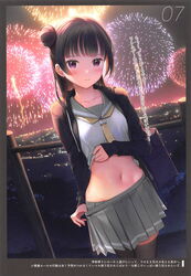 bangs black_hair black_legwear blush clothing detailed_background female female_only fireworks grey_skirt hair_bun long_hair love_live! love_live!_sunshine!! medium_breasts midriff mignon purple_eyes serafuku shirt shirt_lift skirt skirt_pull small_breasts tsushima_yoshiko wide_hips zettai_ryouiki