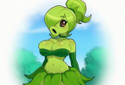ai_generated bangs belly belly_button black_sclera bra breasts brown_eyes choker cleavage day eyelashes female freckles girl gloves green_body green_hair green_skin h3nt_ai hair_over_one_eye leaf leaf_hair navel novelai oc original_character outdoors outside peashooter_(pvz) penelopea_(h3nt_ai) penelopea_the_peashooter plant plants_vs_zombies ponytail pvz scrunchie skirt solo tagme