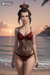 1girls ai_generated artist_name avatar_legends avatar_the_last_airbender azula bare_shoulders beach bikini black_hair bra breasts brown_eyes cleavage collarbone cowboy_shot female hair_ornament hi_res lingerie lips looking_at_viewer makeup medium_breasts navel nickelodeon nicktoons ocean outdoors palm_tree parted_lips r34arts red_bra red_lips red_panties see-through short_hair sky solo standing sunset swimsuit thigh_gap tree underwear water