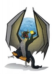 2020 bench biped black_body cake claws dessert food grey_body guephren hi_res horn male multicolored_body negadrake red_eyes scalie wings